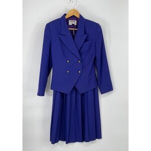 Vintage Kasper for ASL Womens Skirt Suit 4 Blazer Midi Royal Blue Pleated 2pc